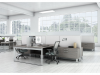Evolve modern modular open concept office workstations with collaborative worksurface, panels, filing, and overhead storage